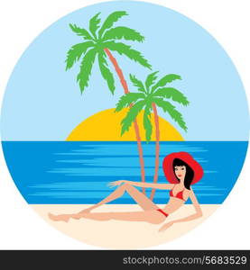 Tropical beach with palm trees and woman