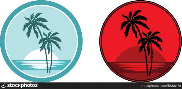 Tropical beach with palm trees. Emblem.