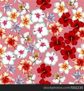 Tropical beautiful flower hibiscus, lily, plumeria, frangipani pattern seamless pink background
