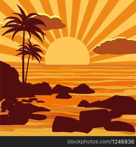 Tropical beautiful sunset, landscape, palms, sea vector cartoon style. Tropical beautiful sunset, landscape, palms, sea, stones, vector, cartoon style, illustration isolated