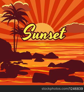 Tropical beautiful sunset, landscape, palms, sea vector cartoon style. Tropical beautiful sunset, landscape, palms, sea, stones, vector, cartoon style, illustration isolated