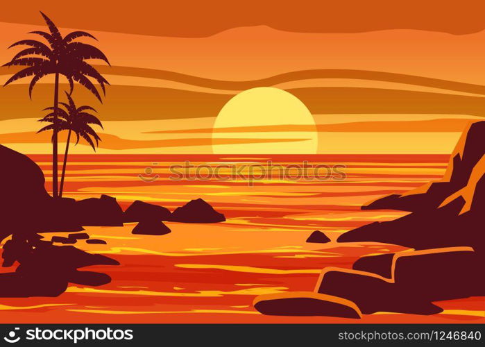 Tropical beautiful sunset, landscape, palms, sea vector cartoon style. Tropical beautiful sunset, landscape, palms, sea, stones, vector, cartoon style, illustration isolated