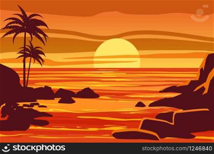 Tropical beautiful sunset, landscape, palms, sea vector cartoon style. Tropical beautiful sunset, landscape, palms, sea, stones, vector, cartoon style, illustration isolated