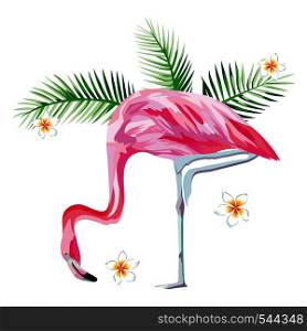 Tropical bird pink flamingo with tropical plants and flowers beach wallpaper