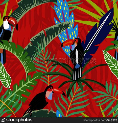 Tropical bird toucan in the jungle on a background of palm leaves in cartoon style. Beach wallpaper seamless pattern on a red orange background