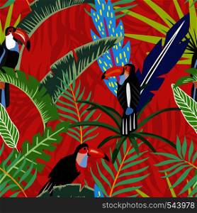 Tropical bird toucan in the jungle on a background of palm leaves in cartoon style. Beach wallpaper seamless pattern on a red orange background