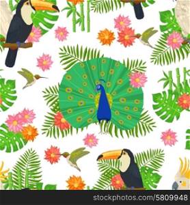 Tropical birds and exotic flowers and plants seamless pattern vector illustration. Bird Seamless Pattern