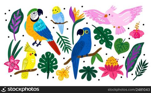 Tropical birds and plants. Caribbean wildlife. Rainforest exotic flower and leaves. Jungle flying animals. Bright parrots on branches. Rainforest nature. Vector Hawaiian colorful summer elements set. Tropical birds and plants. Caribbean wildlife. Rainforest exotic flower and leaves. Jungle animals. Bright parrots on branches. Rainforest nature. Vector Hawaiian summer elements set