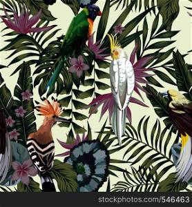 Tropical birds parrot hoopoe, exotic jungle plants leaves flowers abstract pastel color seamless white background