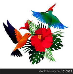 Tropical birds plants. Exotic colored background with parrots and hummingbirds sitting on leaves and flowers vector picture. Illustration of bird exotic with colored flower. Tropical birds plants. Exotic colored background with parrots and hummingbirds sitting on leaves and flowers vector picture
