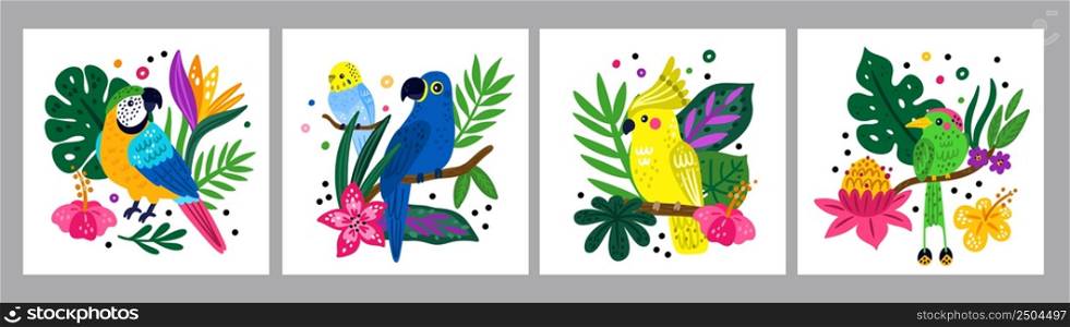Tropical birds posters. Funny rainforest creatures. Bright parrots and jungle plants compositions. Exotic flying animals. Parakeet or macaw on palm branches. Vector color summer Hawaiian cards set. Tropical birds posters. Funny rainforest creatures. Bright parrots and jungle plants compositions. Exotic animals. Parakeet or macaw on palm branches. Vector summer Hawaiian cards set
