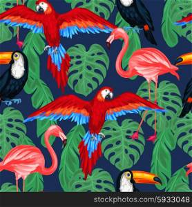 Tropical birds seamless pattern with palm leaves. Tropical birds seamless pattern with palm leaves.