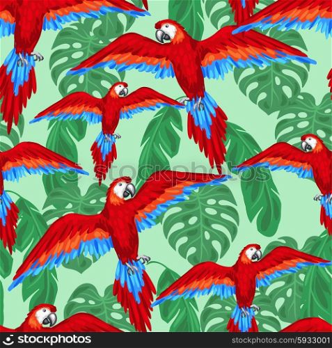 Tropical birds seamless pattern with parrots and palm leaves. Tropical birds seamless pattern with parrots and palm leaves.