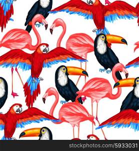Tropical birds seamless pattern with parrots toucans and flamingos. Tropical birds seamless pattern with parrots toucans and flamingos.
