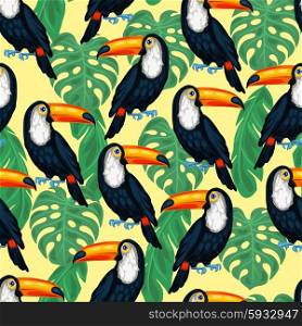 Tropical birds seamless pattern with toucans and palm leaves. Tropical birds seamless pattern with toucans and palm leaves.