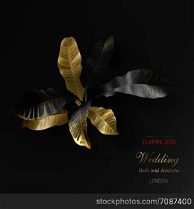 Tropical black and gold leaves on dark background vector poster. Beautiful botanical design with golden tropic rainforest jungle leaves, exotic plants for invitation, greeting cards or sales banners. Tropical black and gold leaves on dark background