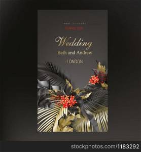 Tropical black and gold leaves on dark background vector poster Beautiful botanical design with golden tropic jungle palm leaves, exotic red flower Wedding ceremony invitation card, christmas greeting. Tropical black and gold leaves on dark background
