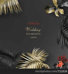 Tropical black and gold leaves on dark background vector poster Beautiful botanical design with golden tropic jungle palm leaves, exotic red flower Wedding ceremony invitation card, christmas greeting. Tropical black and gold leaves on dark background