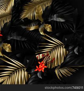 Tropical black and gold leaves on dark vector background. Beautiful botanical design with golden tropic jungle palm leaves, exotic red flower Exotic design for vintage flyer banner with floral pattern. Tropical black and gold leaves on dark background
