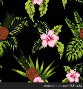 Tropical botanical realistic flowers white hibiscus, green leaves and pineapple seamless vector pattern exotic design on the black background