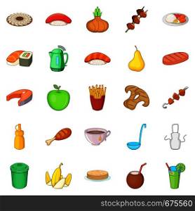 Tropical breakfast icons set. Cartoon set of 25 tropical breakfast vector icons for web isolated on white background. Tropical breakfast icons set, cartoon style