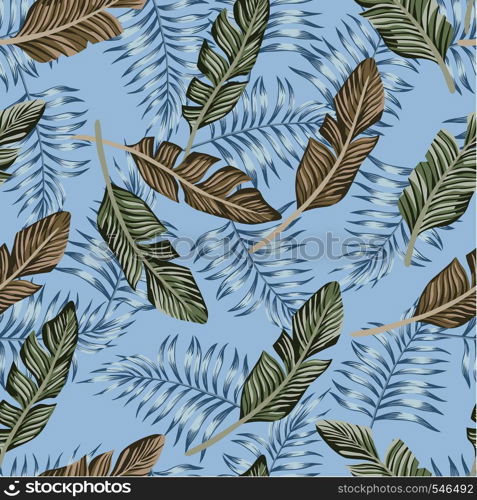 Tropical brown and blue palm leaves trendy vector background seamless pattern wallpaper