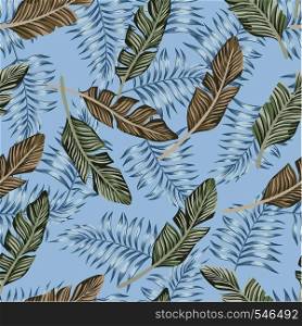 Tropical brown and blue palm leaves trendy vector background seamless pattern wallpaper