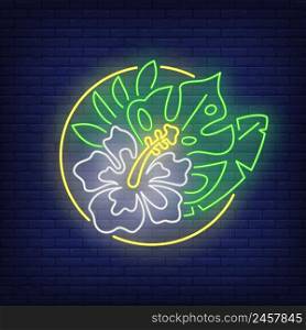 Tropical bunch of flowers neon sign. White hibiscus and green leaves in circle. Glowing banner or billboard elements. Vector illustration in neon style for advertising, posters, flyers