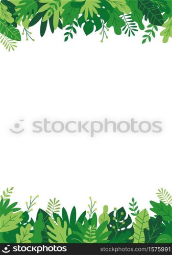 Tropical bushes, plants and herbs rectangle frame in modern flat style. Frame template for cards, posters, banners