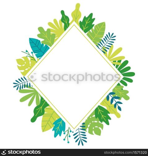 Tropical bushes, plants and herbs rhombus frame in madern flat style. Frame template for cards, posters, banners