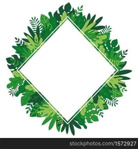 Tropical bushes, plants and herbs rhombus frame in madern flat style. Frame template for cards, posters, banners