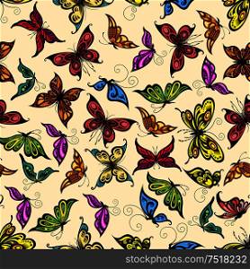 Tropical butterflies seamless pattern with flying summer insects, adorned by ornaments of swirling lines on delicate peach background. Flying tropical butterflies seamless pattern