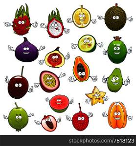 Tropical cartoon fruits with smiling and happy faces and raised hands. Exotic feijoa and fresh fig, raw pitaya and ripe pitahaya, mellow papaya and mature carambola, luscious guava and succulent kiwi. Tropical fruits with smiling and happy faces