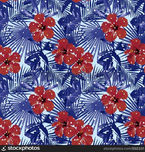 Tropical christmas winter red hibiscus cold blue palm leaves seamless pattern with vector snow