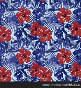 Tropical christmas winter red hibiscus cold blue palm leaves seamless pattern with vector snow