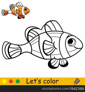 Tropical clown fish. Coloring book for preschool kids with easy educational gaming level. Freehand sketch drawing. Vector illustration. For print, game, education, party, design and decor. Cartoon cute and funny clown fish coloring