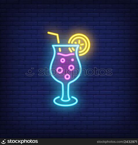 Tropical cocktail neon sign. Fizzy alcohol drink with straw on dark brick wall background. Night bright advertisement. Vector illustration in neon style for beach bar or restaurant