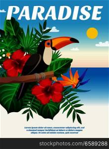 Tropical colored composition with exotic black bird with big beak on branch of a plant vector illustration. Tropical Colored Composition