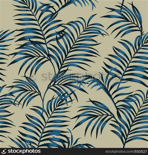 Tropical composition blue tint with palm leaves seamless vector botanical pattern on the beige background