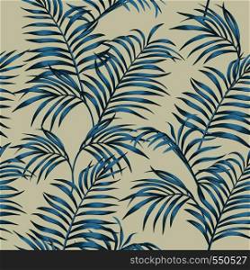 Tropical composition blue tint with palm leaves seamless vector botanical pattern on the beige background