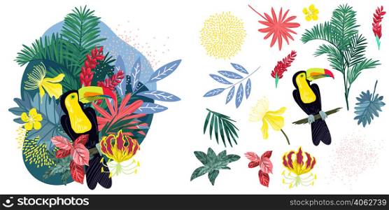 Tropical composition with toucan and tropical leaves and flowers, hand drawn vector art