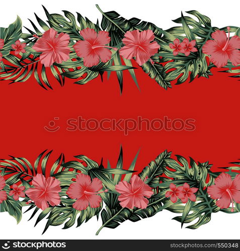 Tropical cool flowers pink hibiscus, plumeria and green monstera, palm leaves. Vector seamless border mirror style, living coral background