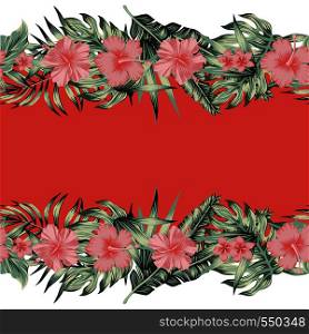 Tropical cool flowers pink hibiscus, plumeria and green monstera, palm leaves. Vector seamless border mirror style, living coral background