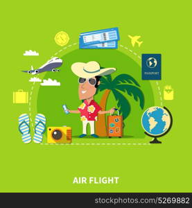 Tropical Cruise Travel Composition. Vacation travel flat composition of happy tourist cartoon character his personal things globe and airplane images vector illustration