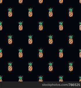 Tropical Cute hand drawn doodle pineapple seamless pattern. Kids Textile pattern dark background.
