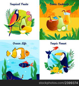 Tropical design concept with fruits exotic cocktails ocean life vector illustration . Tropical Design Concept Set