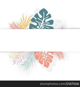 Tropical design with colorful palm leaves and plants on white background with place for text, vector illustration