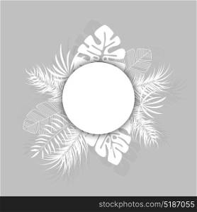 Tropical design with white palm leaves and plants on gray background with place for text, vector illustration