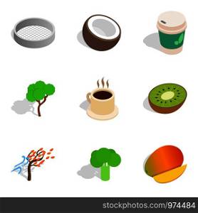 Tropical diet icons set. Isometric set of 9 tropical diet vector icons for web isolated on white background. Tropical diet icons set, isometric style