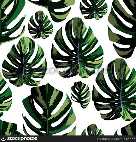 Tropical digital monstera leaves seamless vector pattern white background